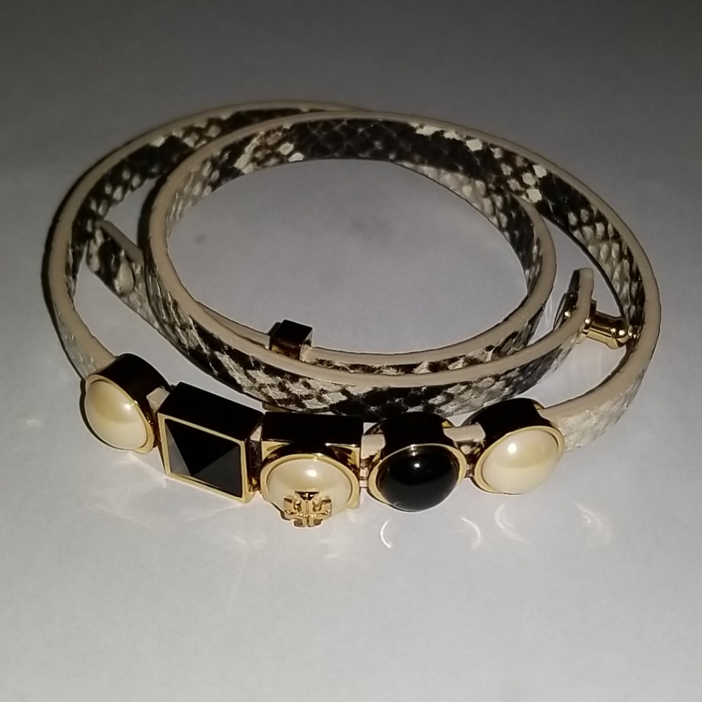 Tory Burch Cream and Black Embellished Wrap Bracelet